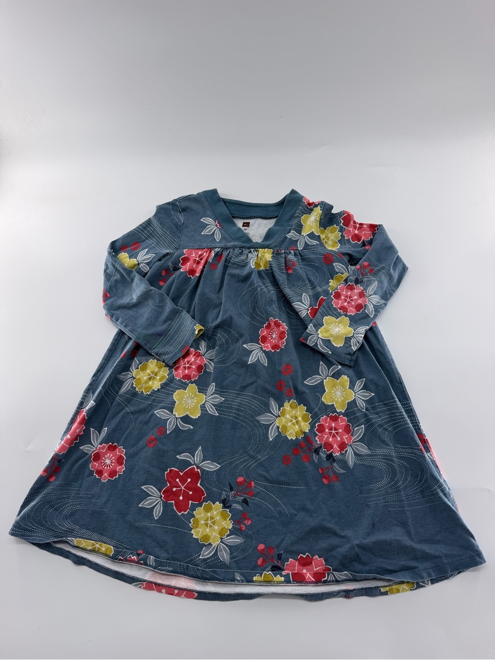 Tea Collection Long Sleeve Blue Dress Floral Girls Size 10 V Neck Kid Casual